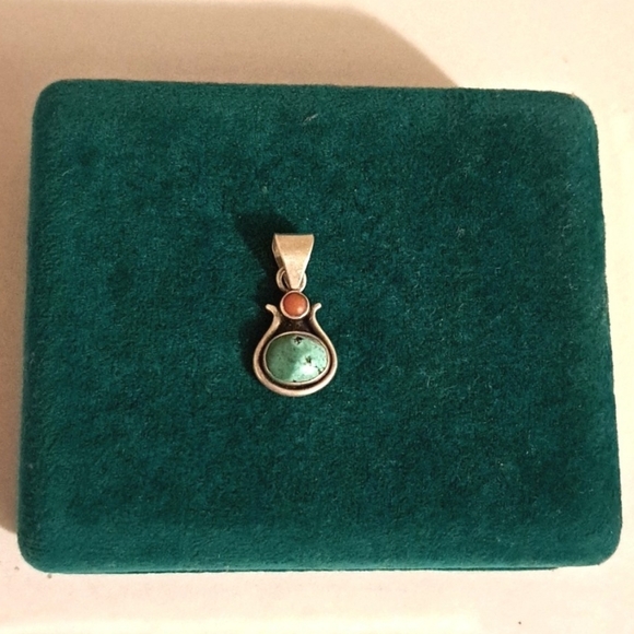 925 Signed Natural Coral and Turquoise Native American Pendant - Picture 6 of 6